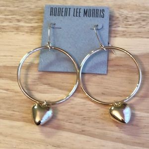 Robert Lee Morris Gold Tone Gypsy Hoop Earrings Puffy Heart Charm NWT